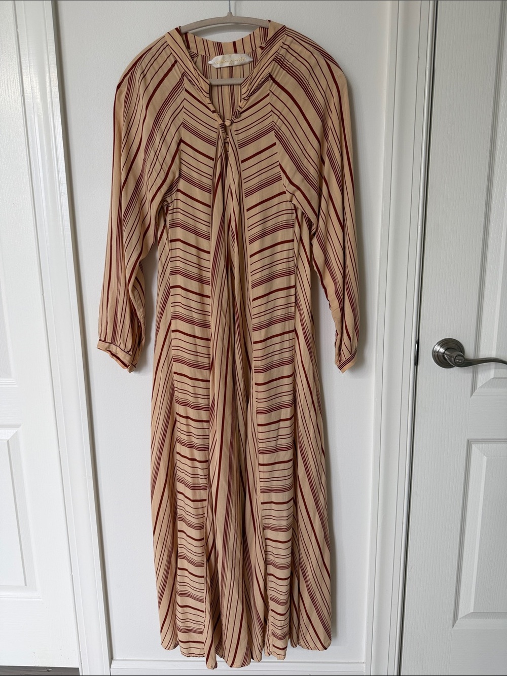 Natalie Martin Beige Maxi Dress with Burgundy Stripes and Tie Neck